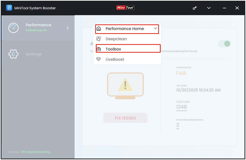 select Toolbox in MiniTool System Booster