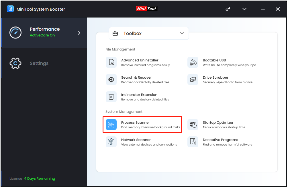 select Process Scanner in MiniTool System Booster
