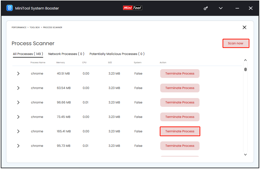 click Terminate Process in MiniTool System Booster