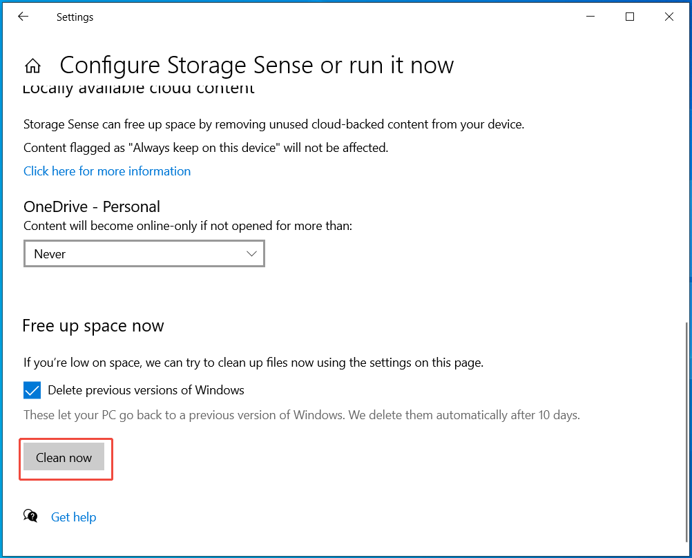 free up space now in Storage