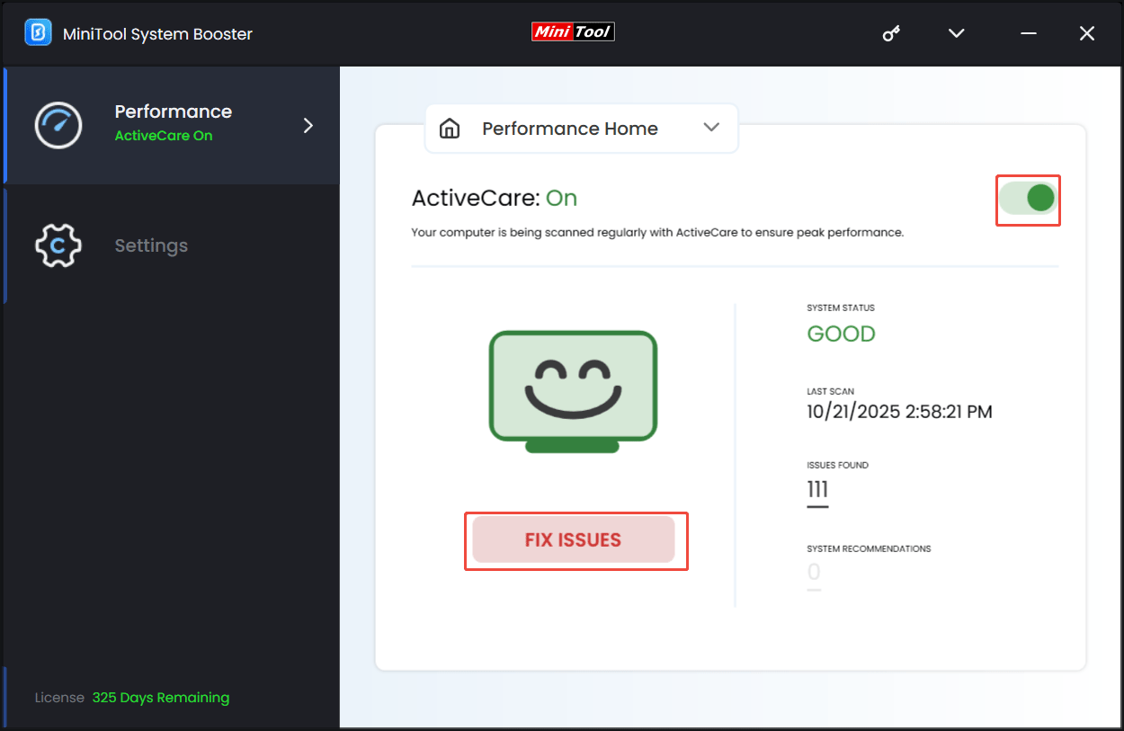 ActiveCare feature of MiniTool System Booster