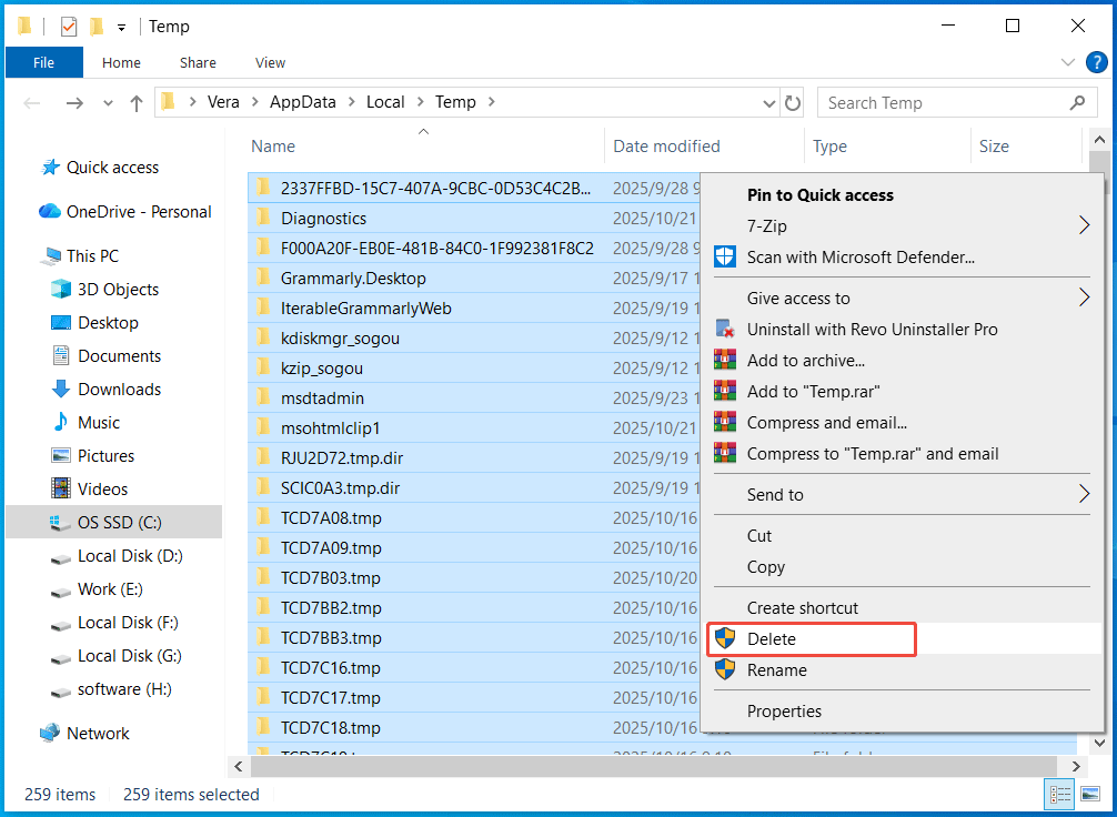 delete temporary files under Local in File Explorer